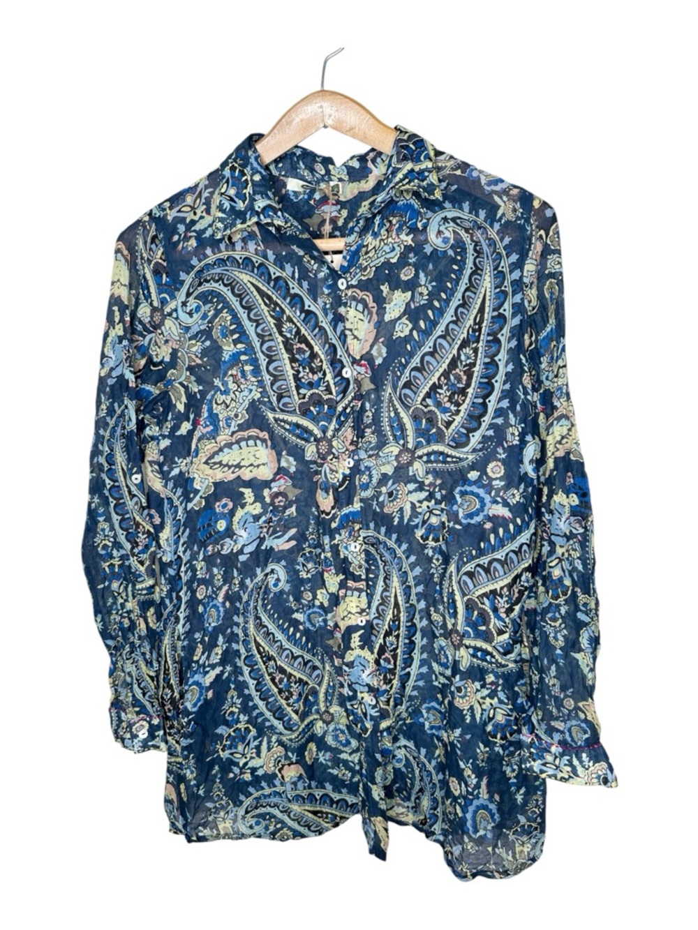 Dolma Button Up Top Size XL Floral Paisley Sheer Cotton Pockets Roll Tab Sleeves